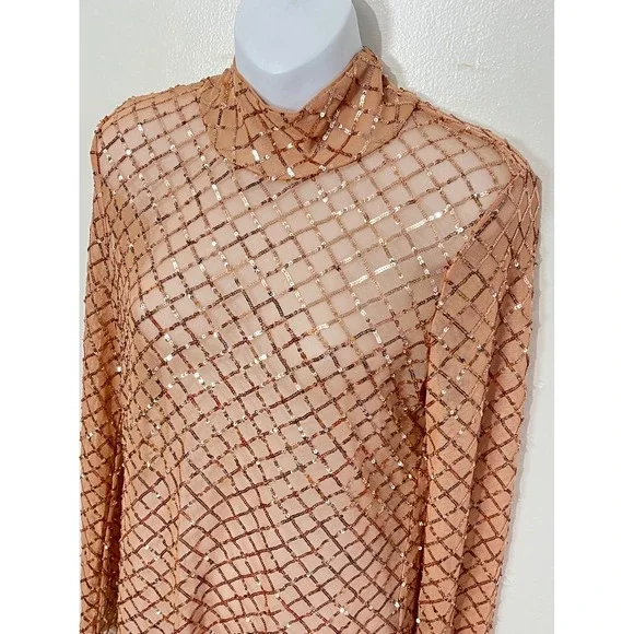 Pilcro Sequin Mesh Top Women's Medium Rose Gold Mock Neck Long Sleeve - Picture 3 of 7